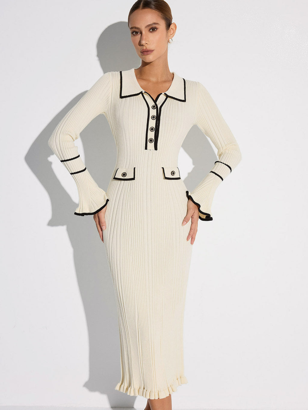 Women's off white ribbed midi sweater dress with contrast trim, collar, buttons and long sleeves