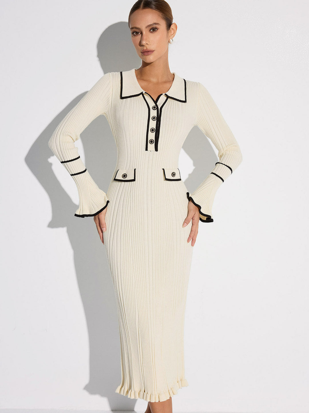 Women's off white ribbed midi sweater dress with contrast trim, collar, buttons and long sleeves