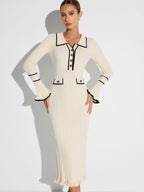 Women's off white ribbed midi sweater dress with contrast trim, collar, buttons and long sleeves