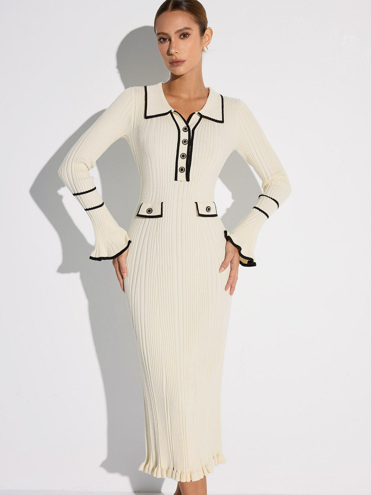 Women's off white ribbed midi sweater dress with contrast trim, collar, buttons and long sleeves