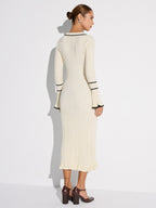 Women's off white ribbed midi sweater dress with contrast trim, collar, buttons and long sleeves