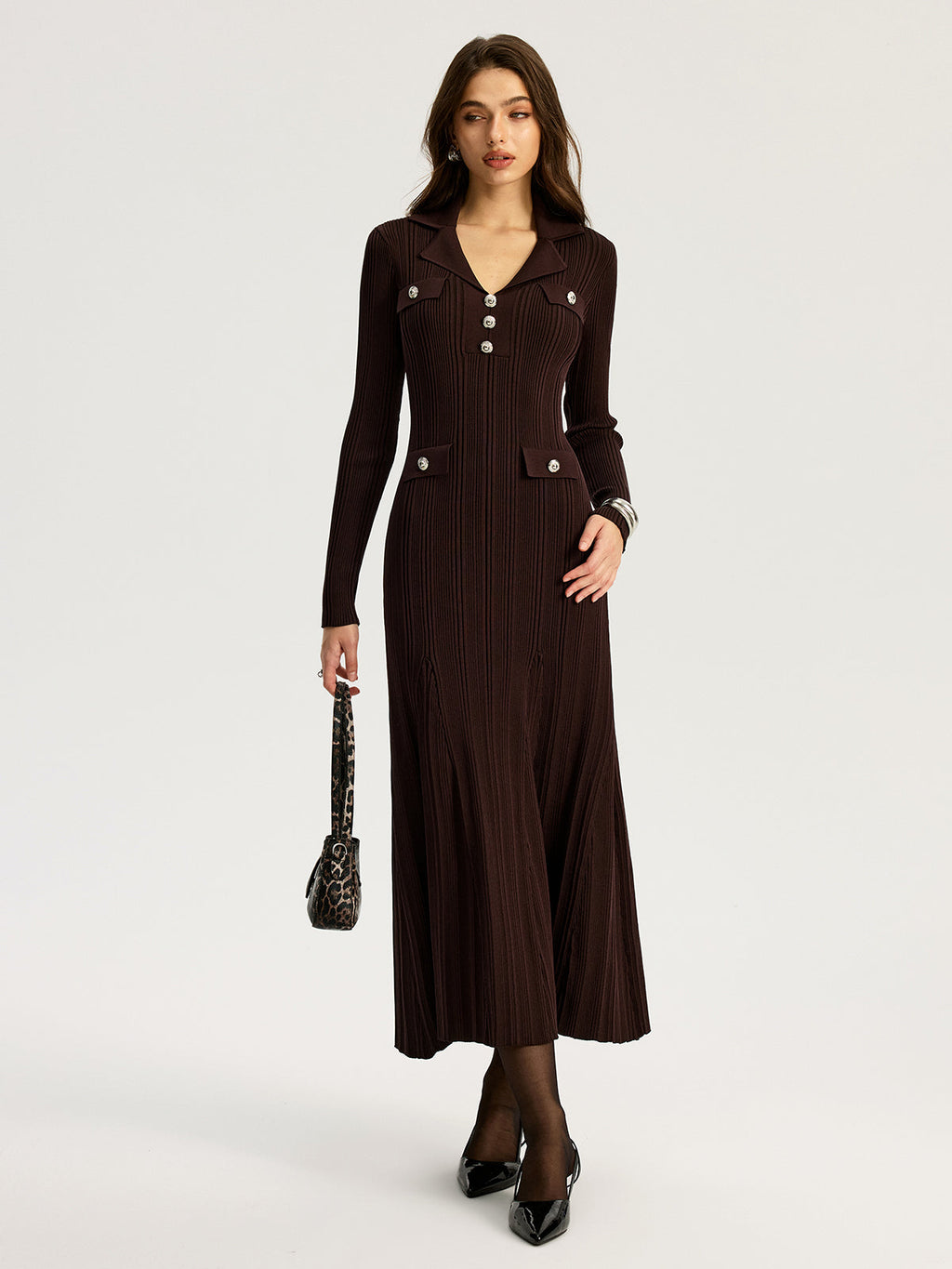 Women's dark brown ribbed maxi dress with V-neck collar and long sleeves