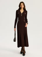 Women's dark brown ribbed maxi dress with V-neck collar and long sleeves