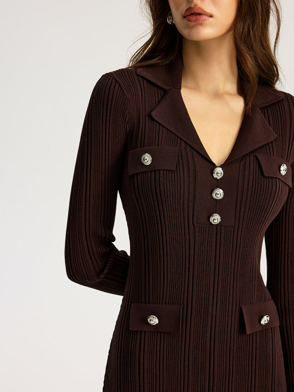 Women's dark brown ribbed maxi dress with V-neck collar and long sleeves