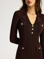 Women's dark brown ribbed maxi dress with V-neck collar and long sleeves