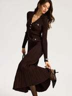 Women's dark brown ribbed maxi dress with V-neck collar and long sleeves