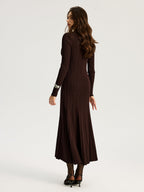 Women's dark brown ribbed maxi dress with V-neck collar and long sleeves