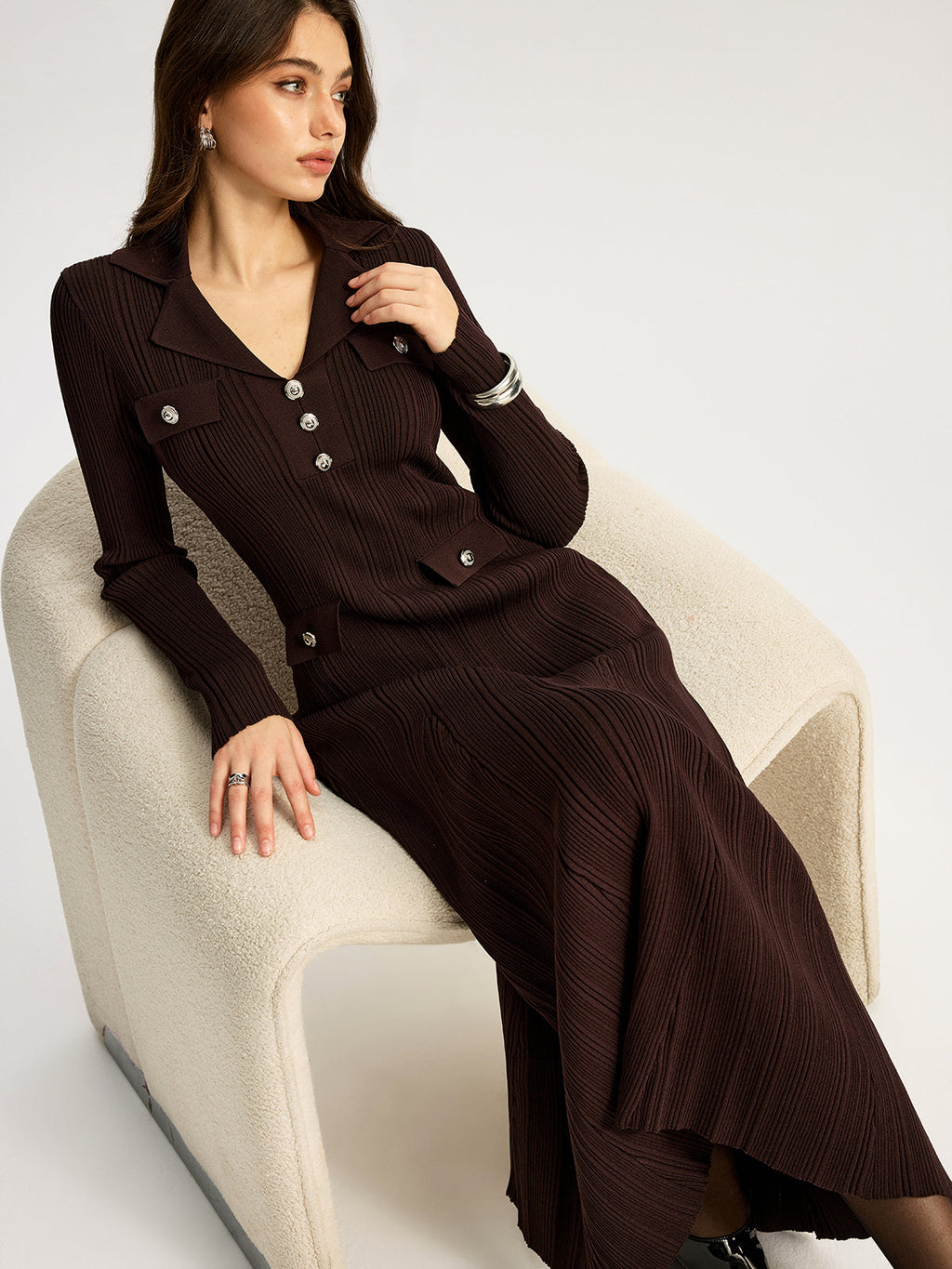 Women's dark brown ribbed maxi dress with V-neck collar and long sleeves