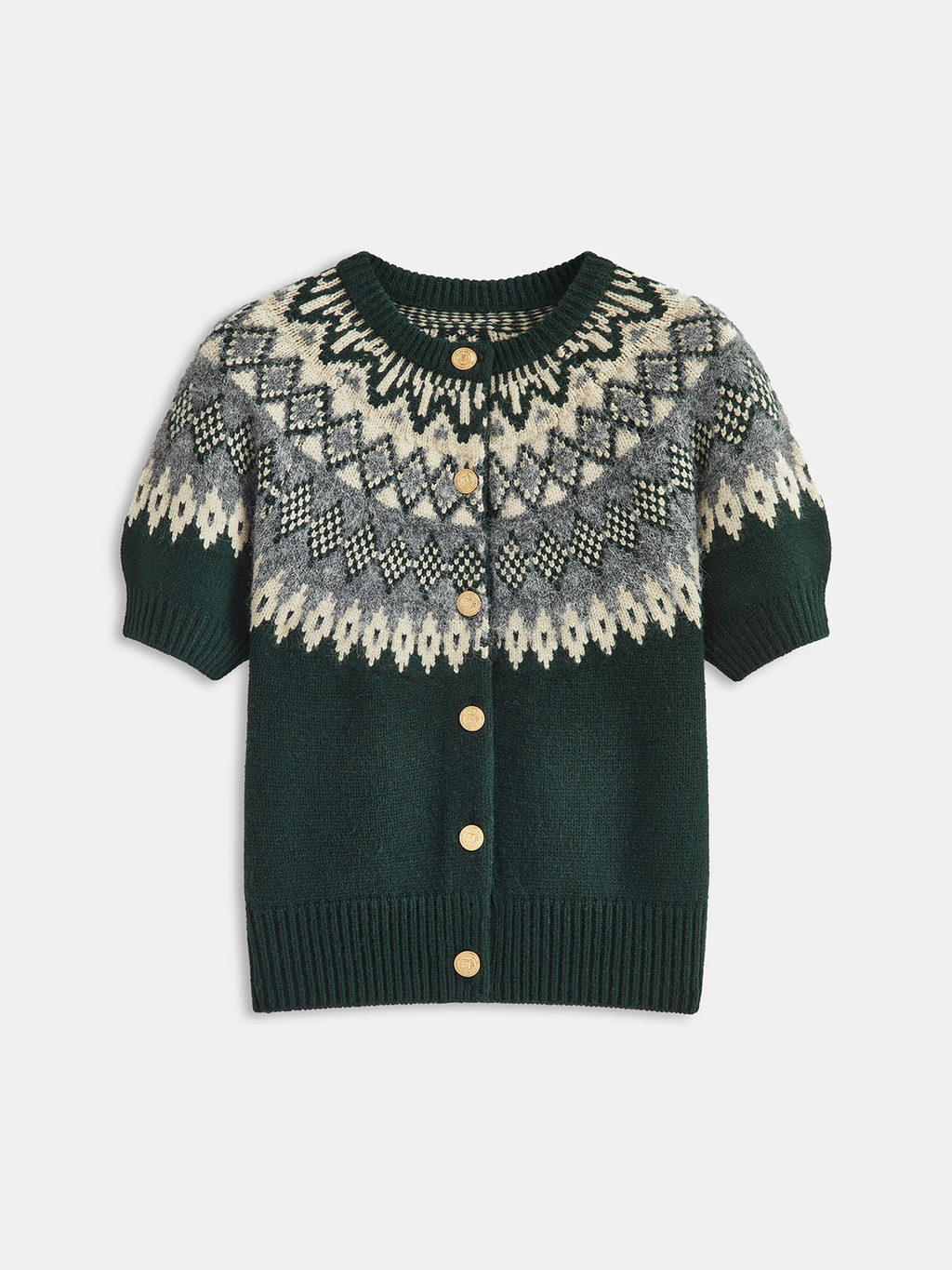 Green Fair Isle short-sleeve cardigan with crew neck and button front