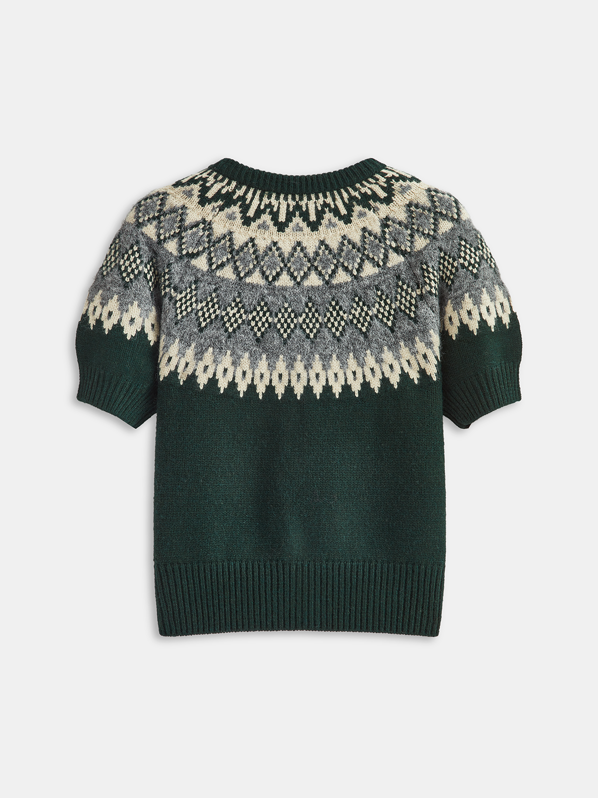 Green Fair Isle short-sleeve cardigan with crew neck and button front