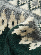 Green Fair Isle short-sleeve cardigan with crew neck and button front