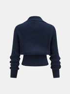 Women's cropped ribbed sweater with collar and metal buckle fastenings
