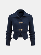 Women's cropped ribbed sweater with collar and metal buckle fastenings