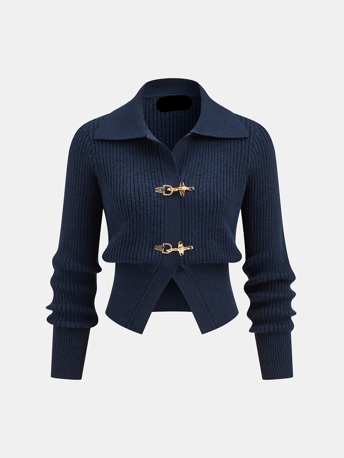Women's cropped ribbed sweater with collar and metal buckle fastenings