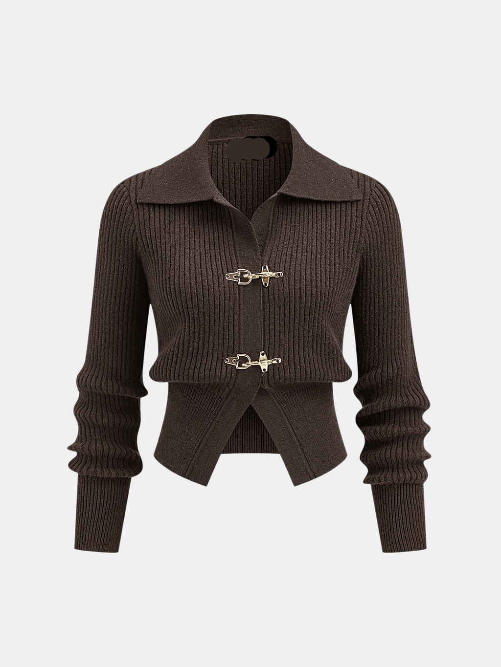 Women's cropped ribbed sweater with collar and metal buckle fastenings