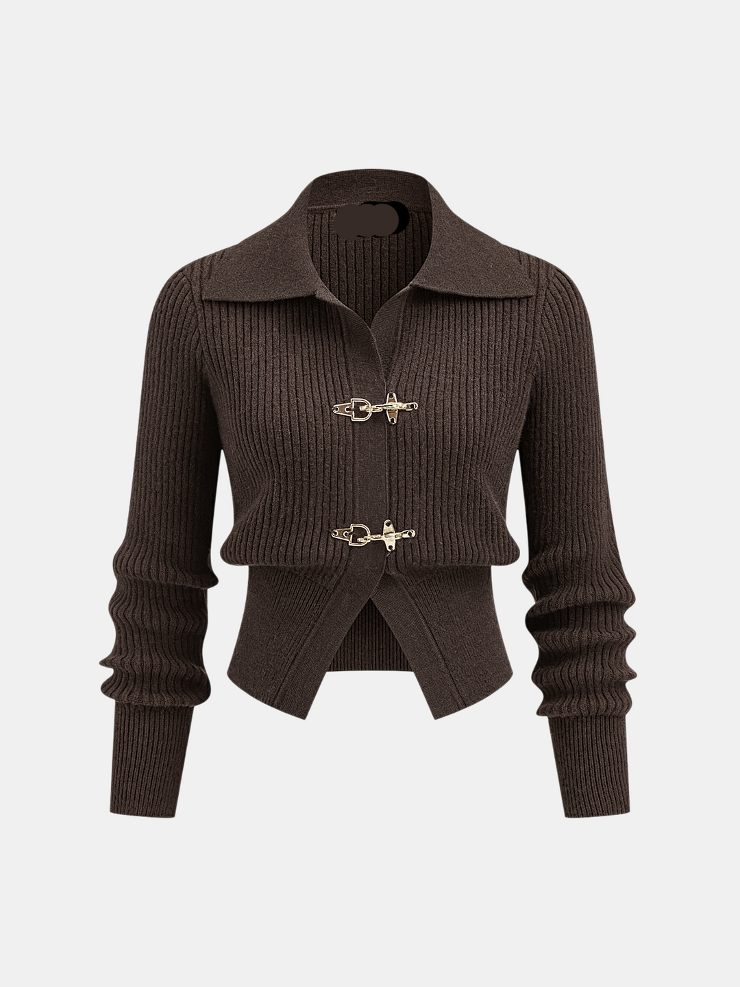 Women's cropped ribbed sweater with collar and metal buckle fastenings