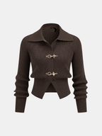Women's cropped ribbed sweater with collar and metal buckle fastenings