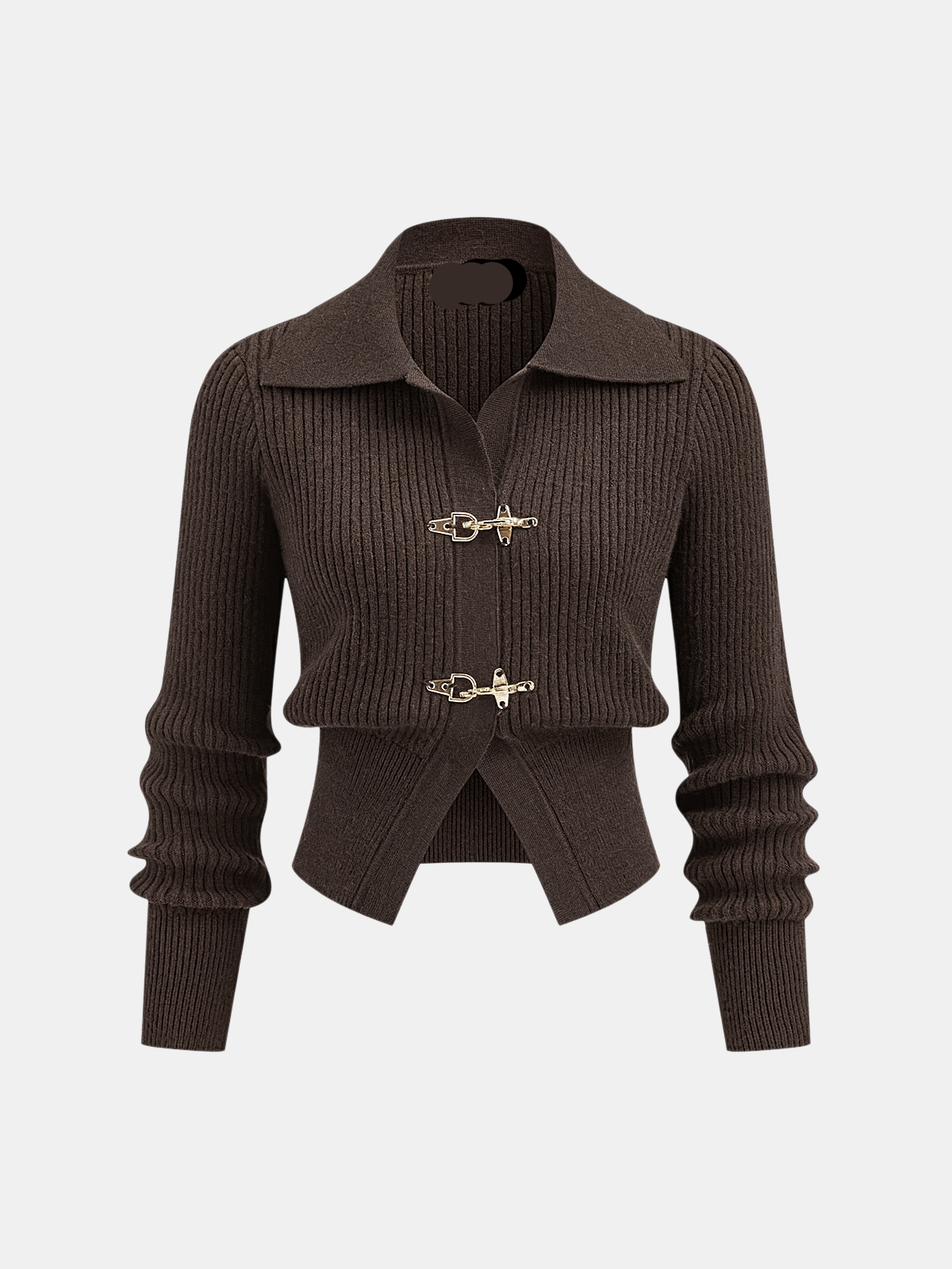 Women's cropped ribbed sweater with collar and metal buckle fastenings
