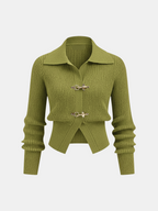 Women's cropped ribbed sweater with collar and metal buckle fastenings