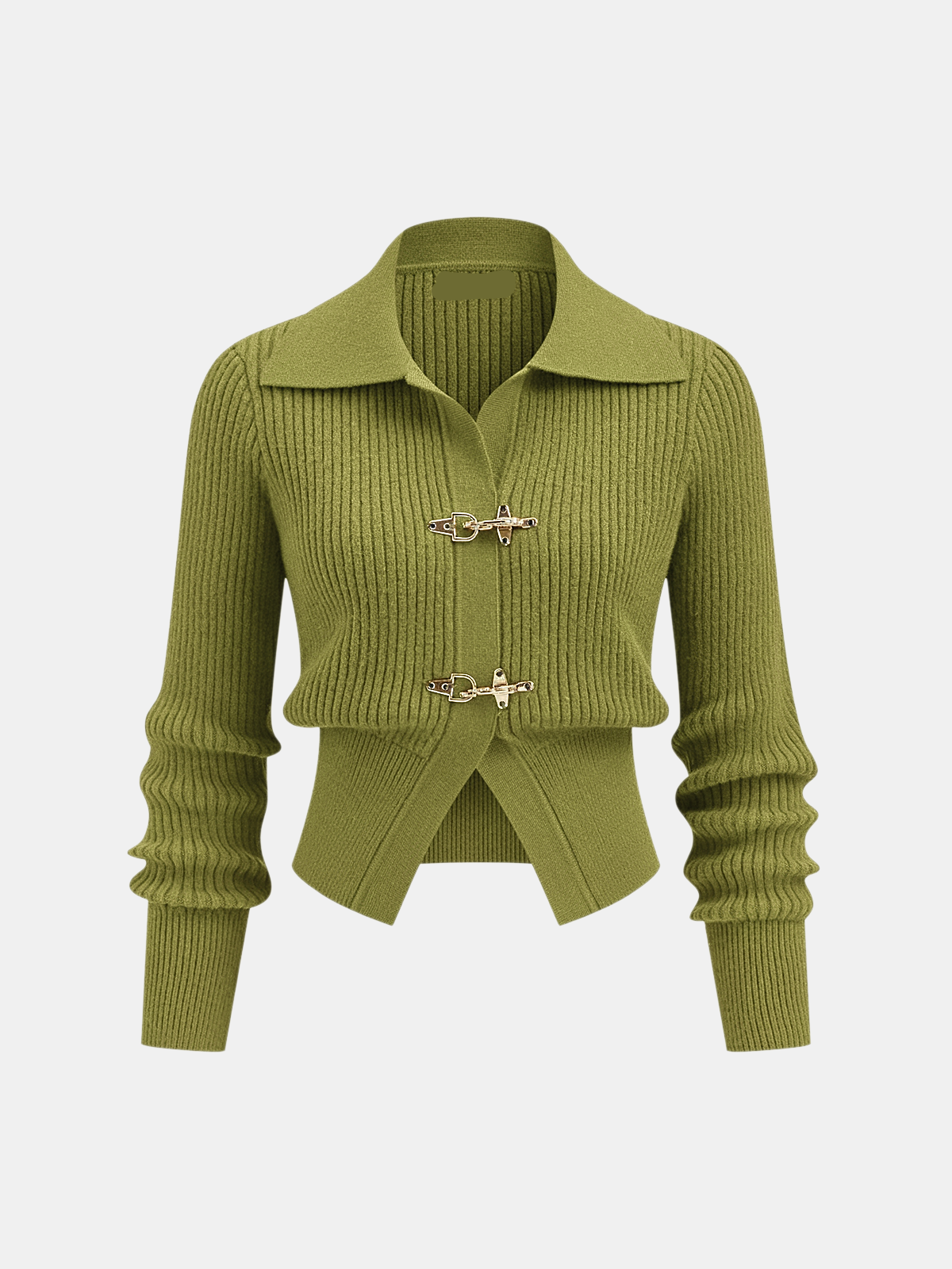 Women's cropped ribbed sweater with collar and metal buckle fastenings