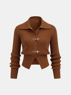 Women's cropped ribbed sweater with collar and metal buckle fastenings