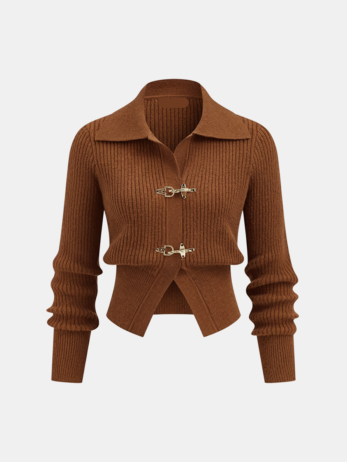 Women's cropped ribbed sweater with collar and metal buckle fastenings