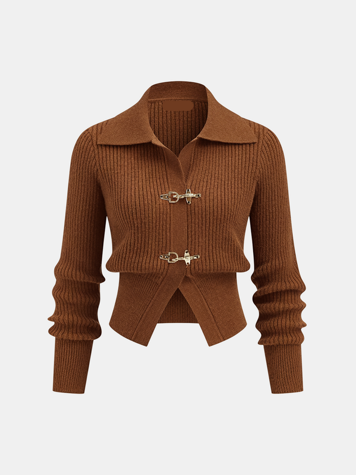 Women's cropped ribbed sweater with collar and metal buckle fastenings