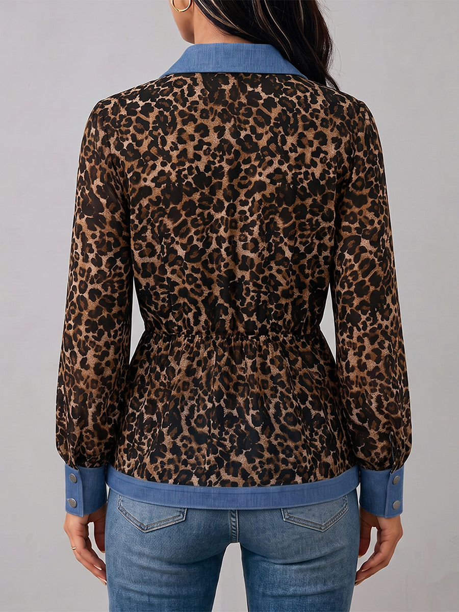 Women's leopard print blouse with blue contrast trim and long sleeves