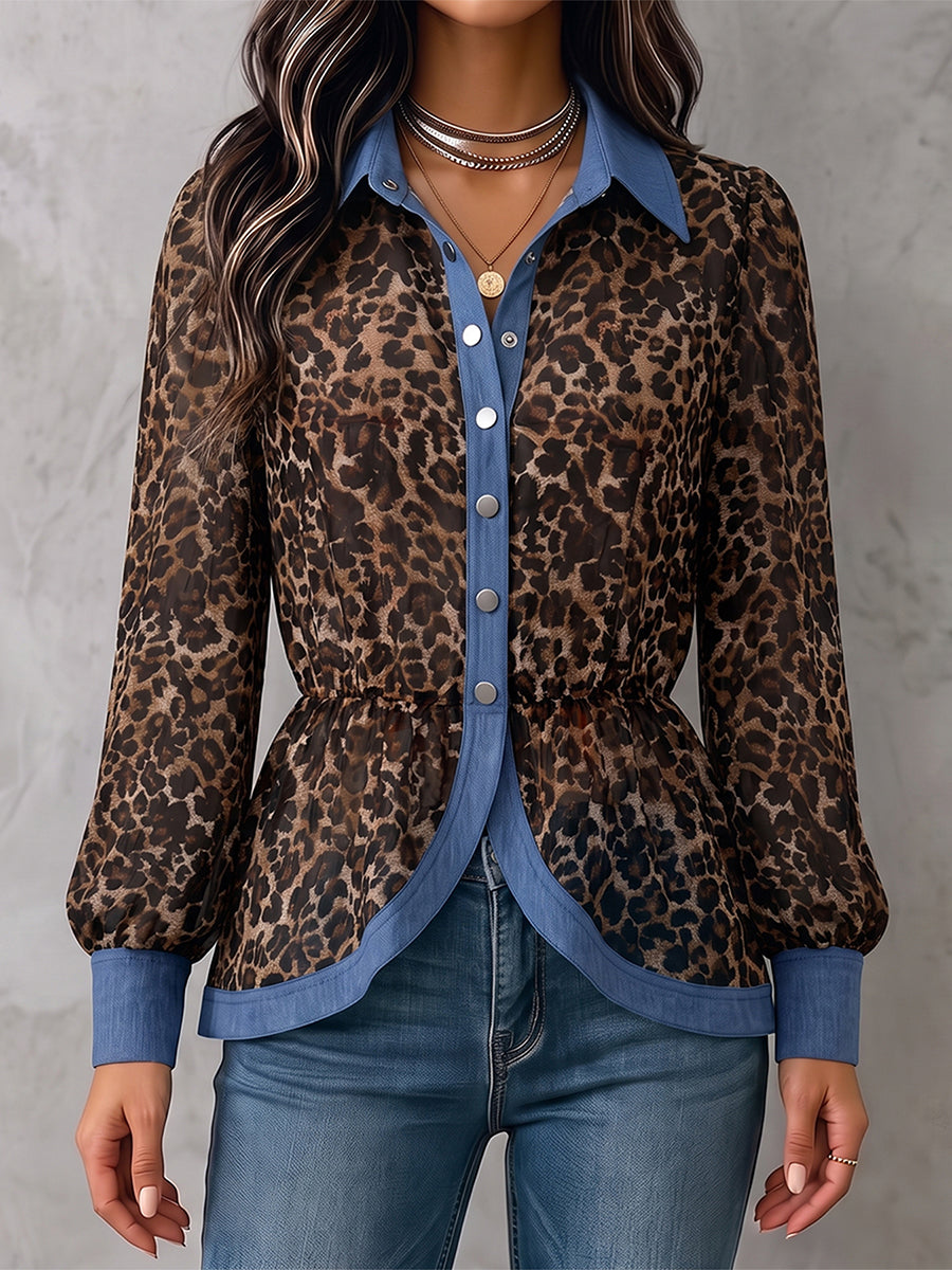 Women's leopard print blouse with blue contrast trim and long sleeves