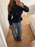 Women's navy cropped trench coat with button front and tie belt