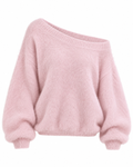 Pink fuzzy off-shoulder jumper with long balloon sleeves and ribbed trims