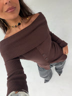 Women's brown ribbed off-shoulder sweater with buttons