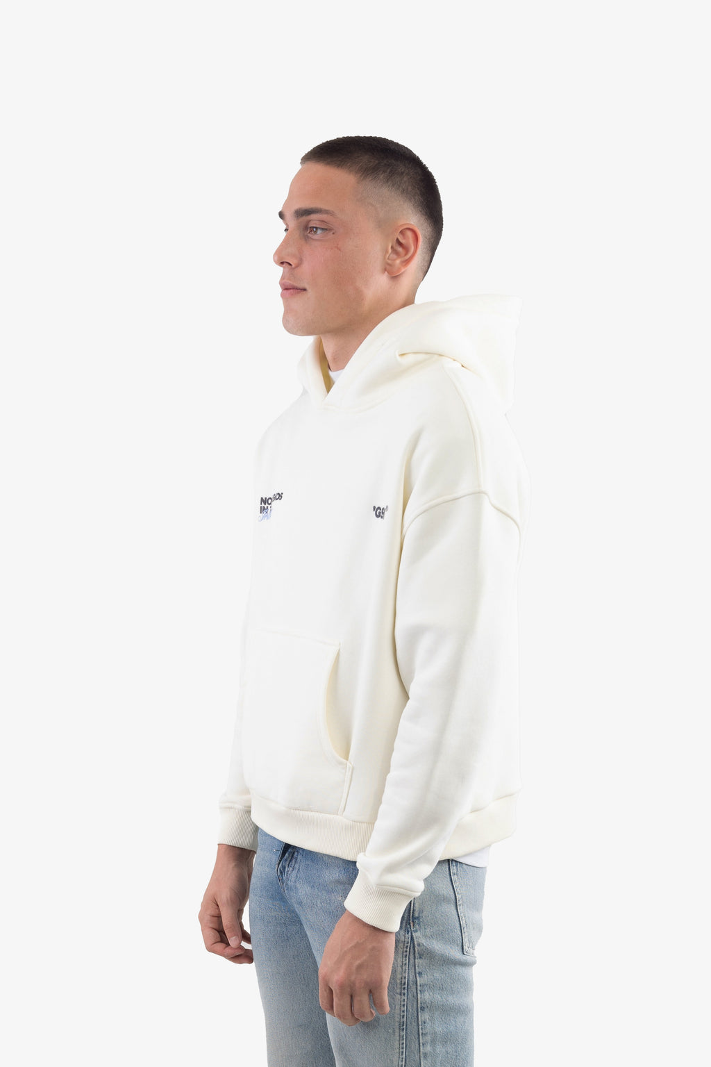 Men's off-white logo hoodie with drawstring hood and kangaroo pocket