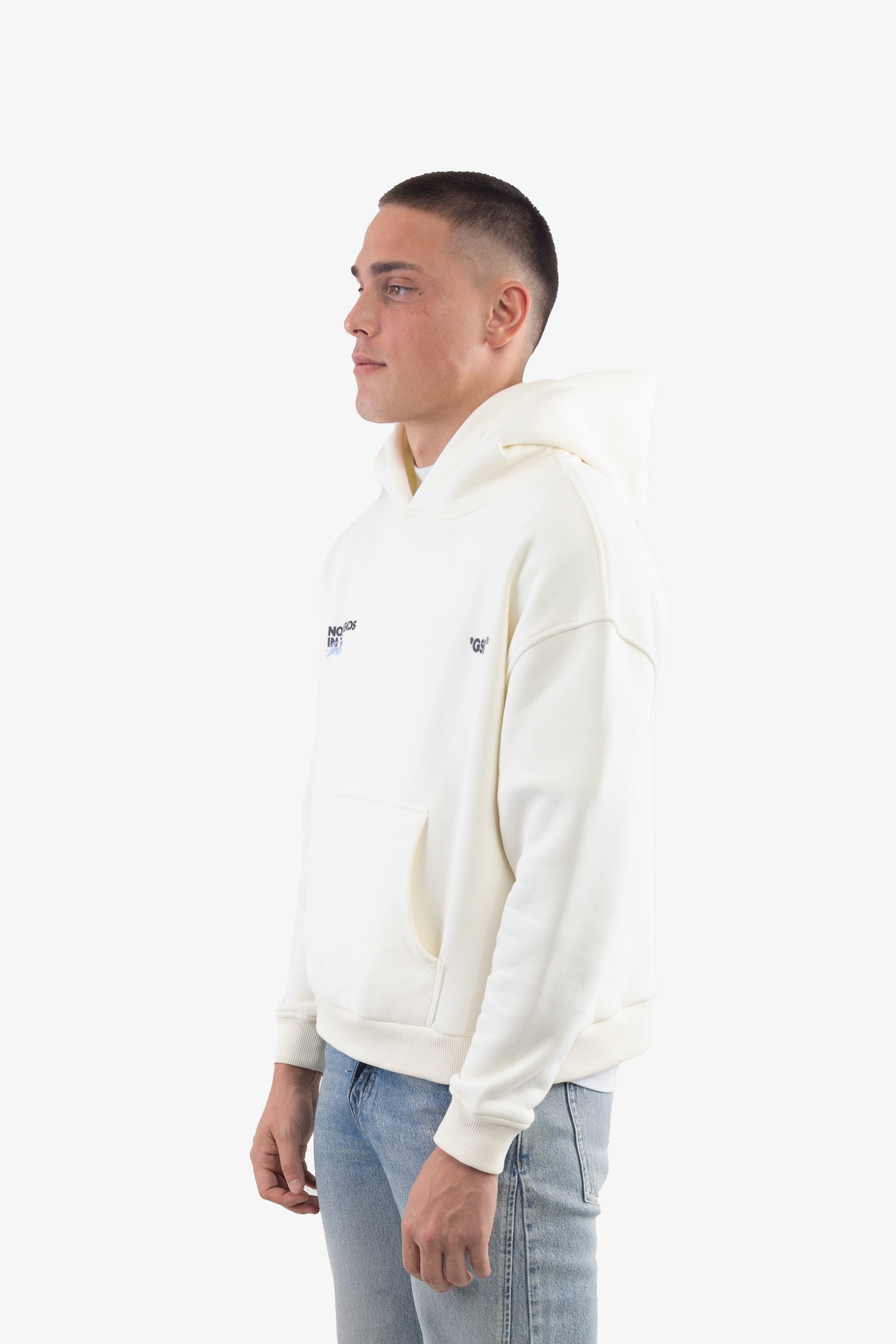 Men's off-white logo hoodie with drawstring hood and kangaroo pocket