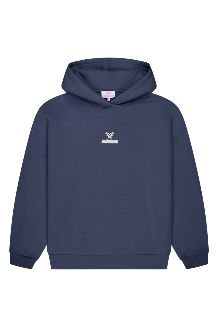 Blue women's hoodie with hood, long sleeves and chest logo