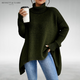 Women's oversized turtleneck knit tunic sweater with long sleeves and an asymmetric hem