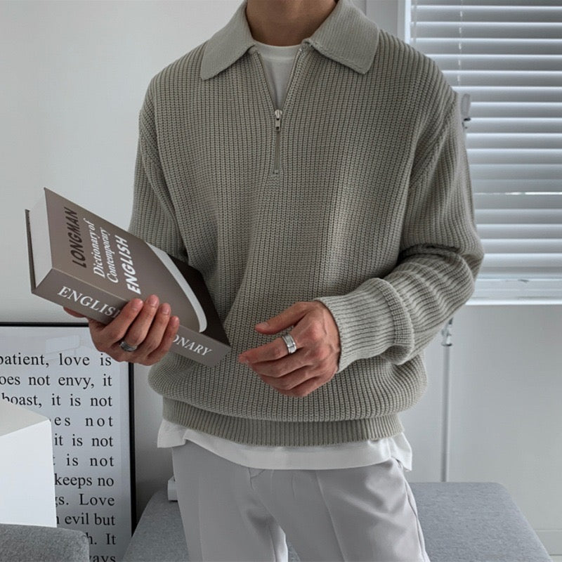 Men's ribbed half-zip sweater with pointed collar in grey and black options