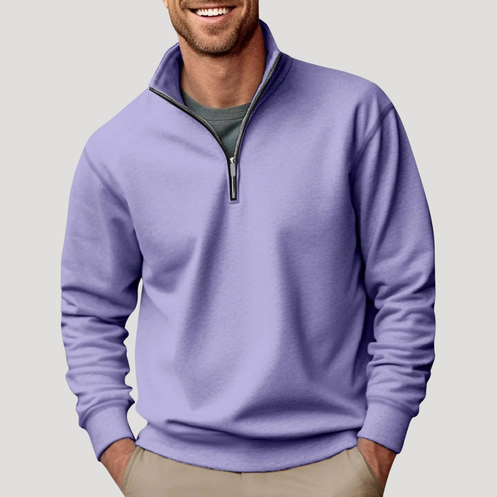 Men's white half-zip sweatshirt with stand collar and ribbed trims