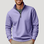 Men's white half-zip sweatshirt with stand collar and ribbed trims