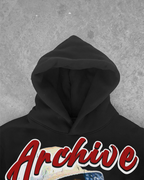 Black graphic hoodie with Archive front print and blue number back graphic