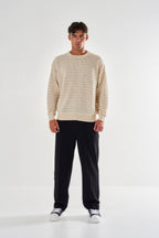 Men's beige textured openwork knit jumper with crew neck and long sleeves