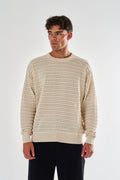 Men's beige textured openwork knit jumper with crew neck and long sleeves
