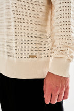 Men's beige textured openwork knit jumper with crew neck and long sleeves