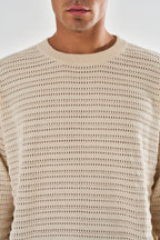 Men's beige textured openwork knit jumper with crew neck and long sleeves