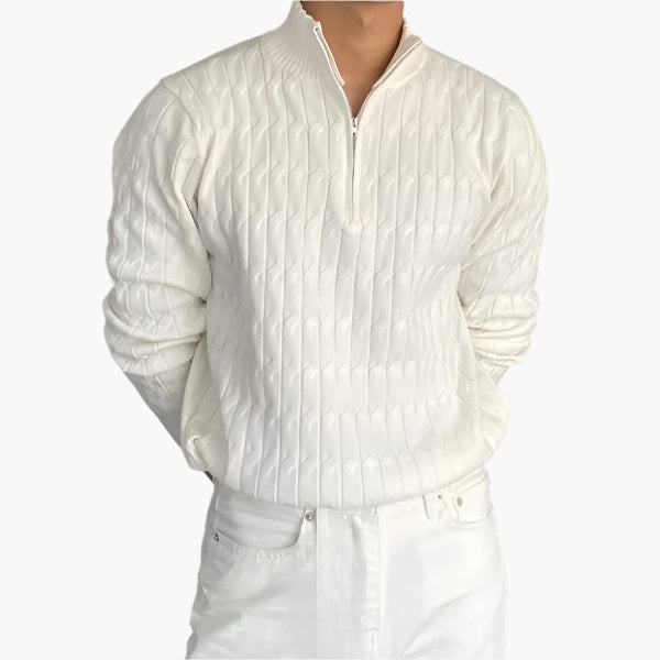 Half-zip ribbed sweater with mock neck and long sleeves