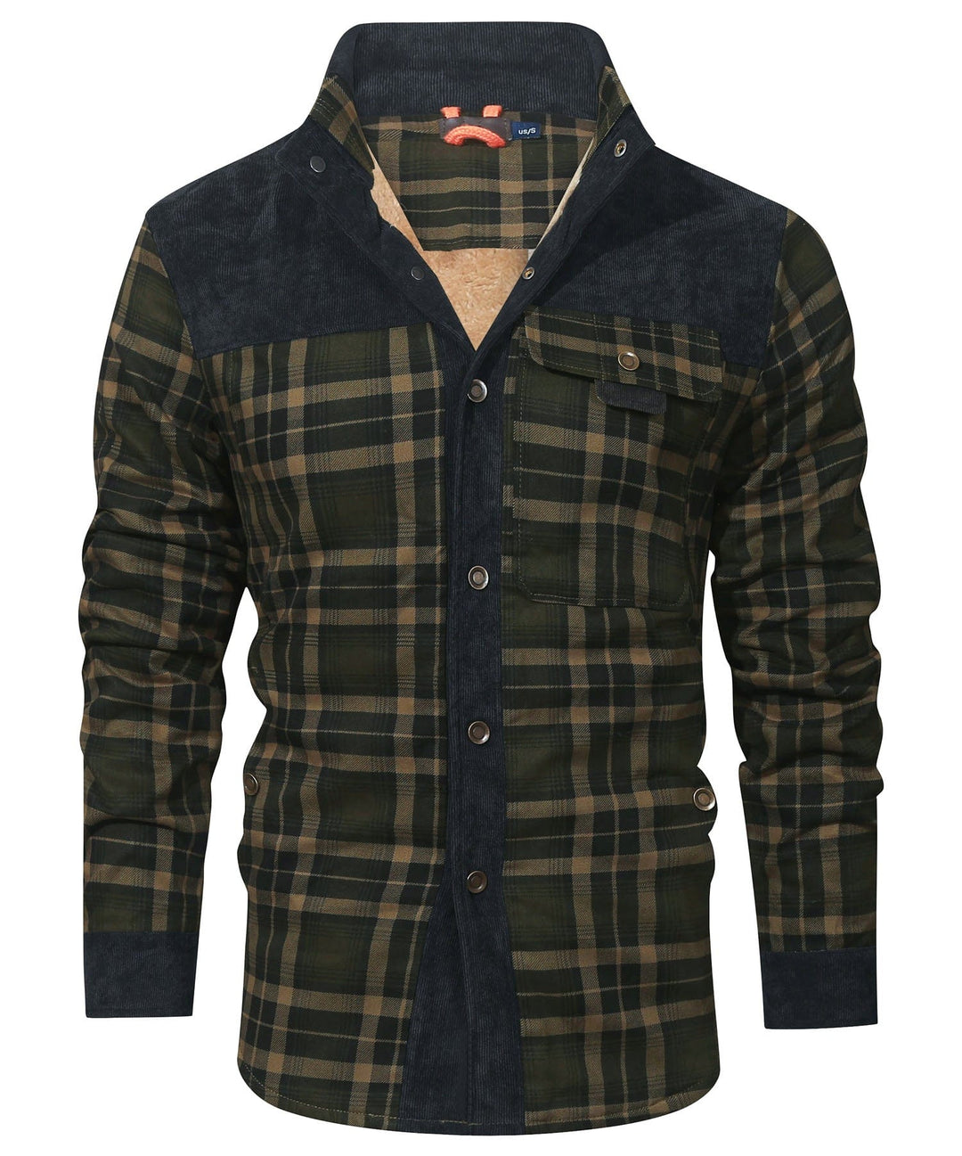 Men's checked jacket with stand collar, long sleeves and button front