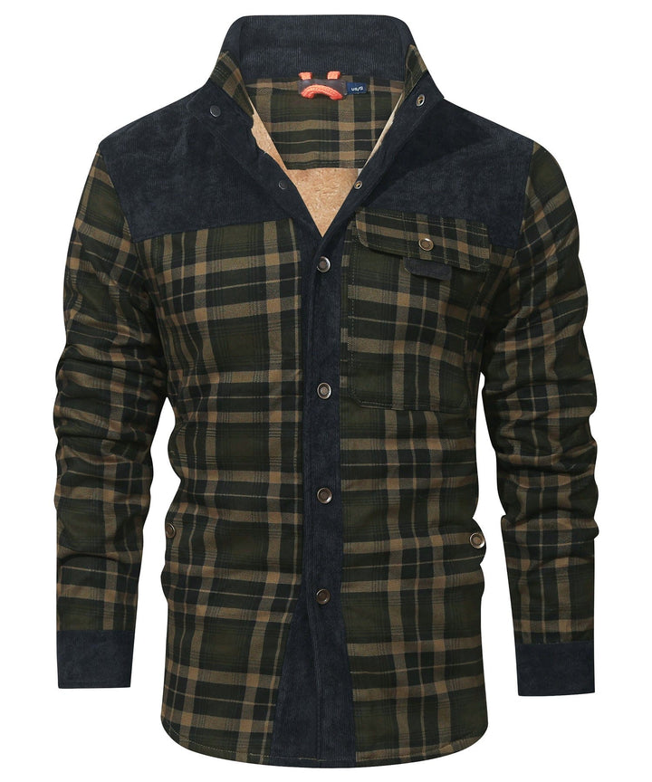 Men's checked jacket with stand collar, long sleeves and button front