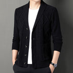 Men's textured cable knit cardigan with shawl collar and button front