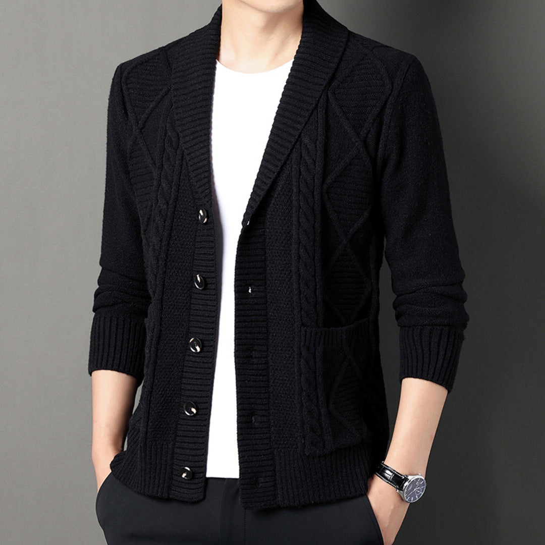 Men's textured cable knit cardigan with shawl collar and button front