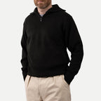 Men's black ribbed half-zip sweater with high collar
